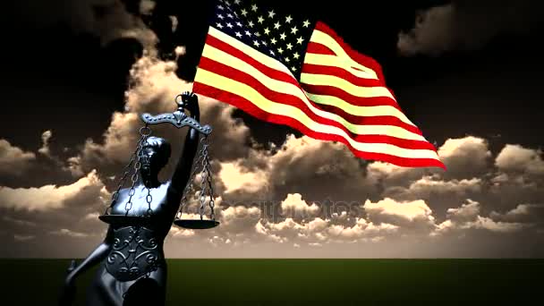 Teismus s měřítkem, symbol spravedlnosti s vlajkou Usa pozadí složení — Stock video