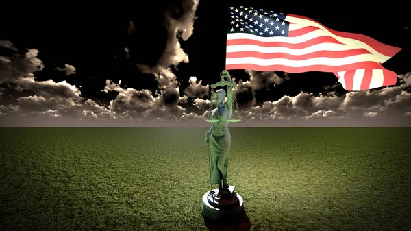 Themis con escala, símbolo de justicia con bandera de EE.UU. 3d renderizado — Foto de Stock
