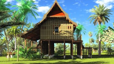 Tay tarzı ahşap kulübe 3d render