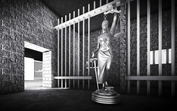 Więzienne kraty i Lady of Justice 3d renderowania — Zdjęcie stockowe