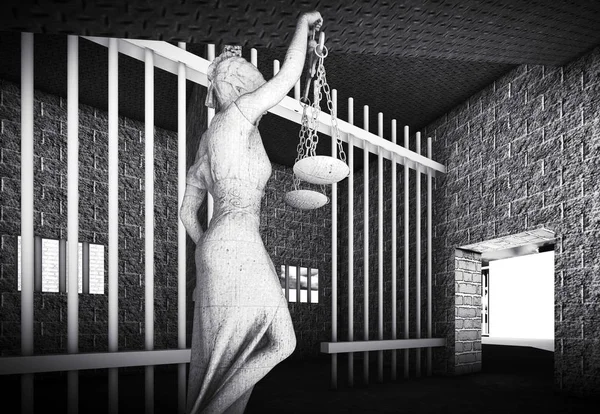 Więzienne kraty i Lady of Justice 3d renderowania — Zdjęcie stockowe