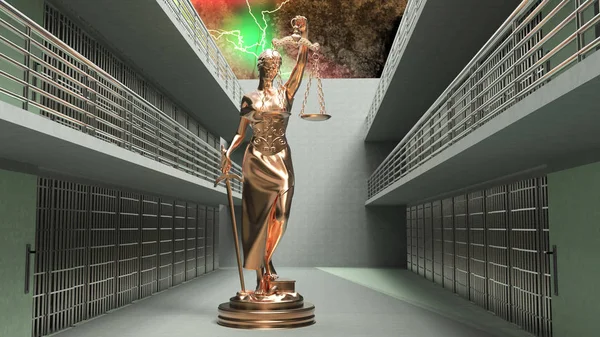 Vězeňské mříže a Lady of Justice 3D vykreslování — Stock fotografie