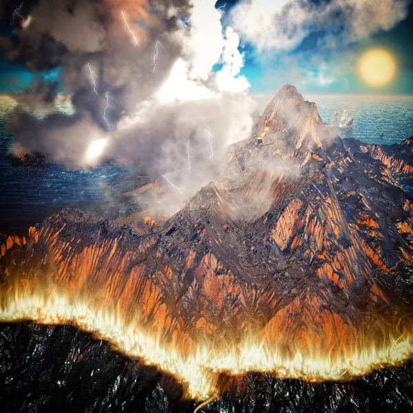 Горящая кальдера вулкана 3D рендеринга — стоковое фото