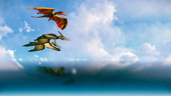 Volar pterodáctilo contra el hermoso paisaje nublado 3d ilustración — Foto de Stock