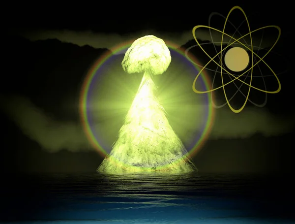 Explosión nuclear con símbolo de energía atómica 3d renderizado —  Fotos de Stock