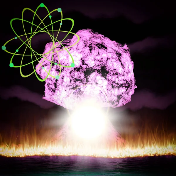 Explosión nuclear con símbolo de energía atómica 3d renderizado — Foto de Stock
