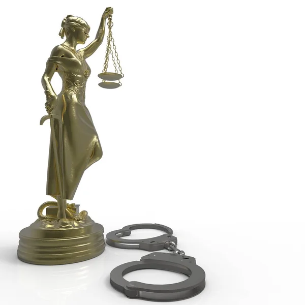 Lady of Justice statue and handcuffs 3d rendering — Stock Photo, Image