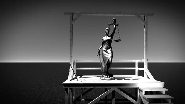 Paní spravedlnost na šibenici 3d vykreslování — Stock fotografie