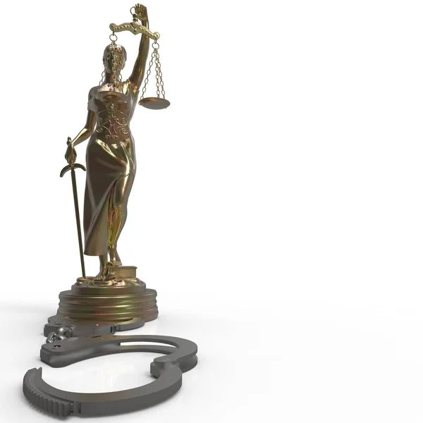 Lady van Justitie standbeeld en handboeien 3D-rendering — Stockfoto