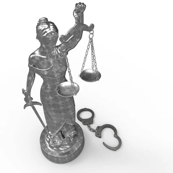 Statue der Dame der Gerechtigkeit und Handschellen 3D-Darstellung — Stockfoto