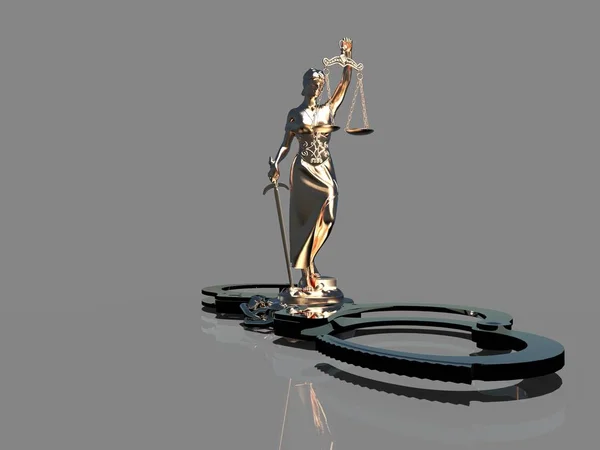 Statua della Signora della Giustizia e manette rendering 3d — Foto Stock