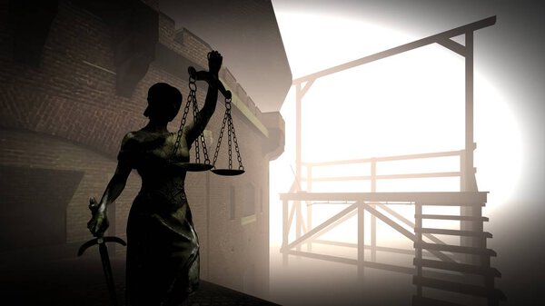Lady of justice on gallows 3d rendering