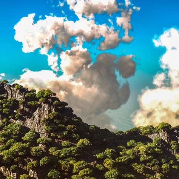 Vulkánkitörés a sziget 3d renderelés — Stock Fotó