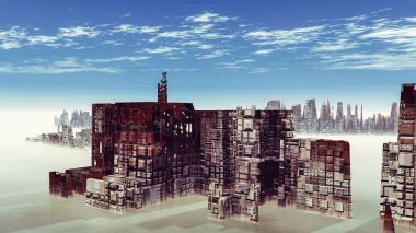 Gelecek şehir 3d render Birdseye görünümü