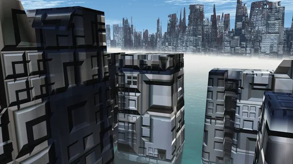 Cidade alienígena - fantasia estruturas urbanas 3d render — Fotografia de Stock