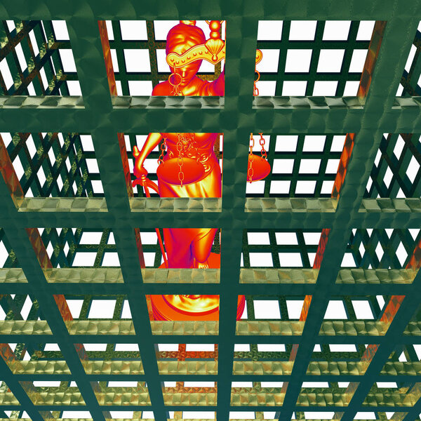 Greek goddess of law and justice in cage 3D rendering