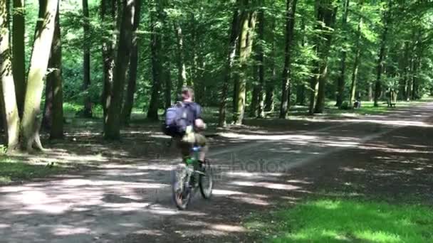 Молодой человек едет на велосипеде в парке — стоковое видео