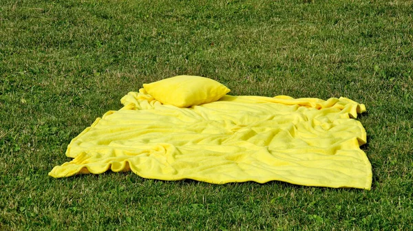 yellow pillow and blanket on the grass