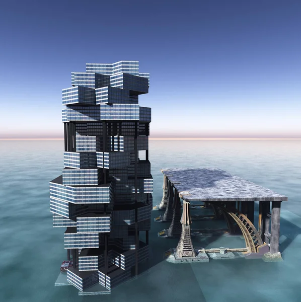 Arquitetura cidade-futurista inundada no planeta alienígena — Fotografia de Stock