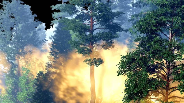 灾难与火在森林 3d 渲染 — 图库照片
