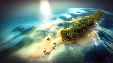 Küçük tropik ada Maldivler Atoll havadan görünümü 3d render