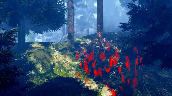 Ramp met vuur in het bos 3D-rendering — Stockfoto