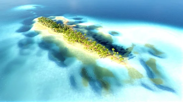 Pequeña isla tropical en el atolón de Maldivas desde vista aérea 3d rendering —  Fotos de Stock