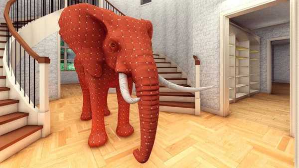 Elefante na sala de estar 3d renderização — Fotografia de Stock