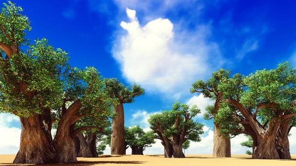 Awesome baobabs in African savannah 3d rendering — Stock Photo, Image