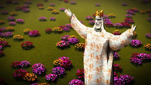 Jesus Christus Statue auf Gras mit Blumen 3d Rendering — Stockfoto