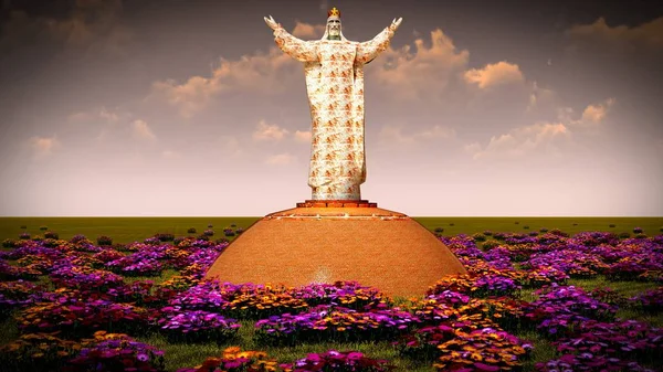 Statue de Jésus-Christ sur herbe avec des fleurs rendu 3d — Photo