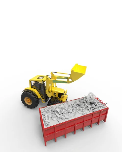 Fondo industriale con rendering skip e bulldozer 3d — Foto Stock