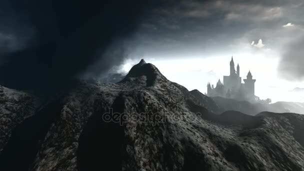 Dark castle animation with dramatic sky — Stock Video