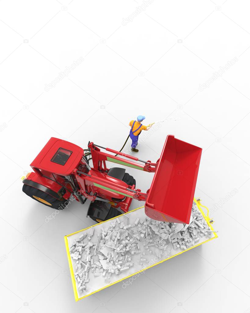 Industrial background with skip and bulldozer 3d rendering