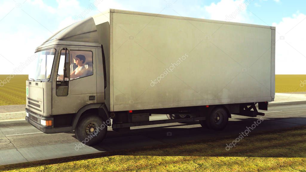 White van traveling on the roads 3d rendering