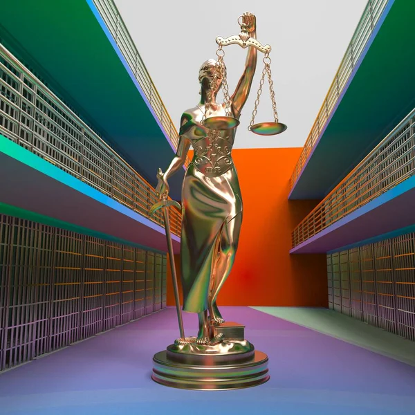 Vězeňské mříže a Lady of Justice 3D vykreslování — Stock fotografie