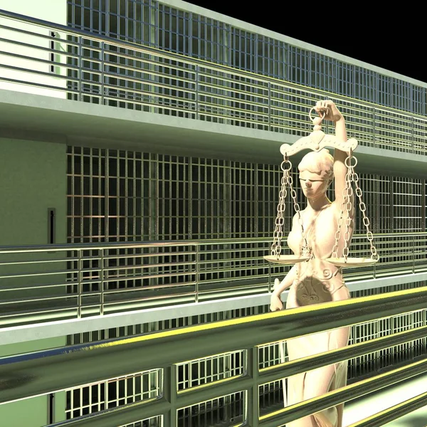 Hapishane parmaklıkları ve Adalet Kadını 3D görüntüleme — Stok fotoğraf