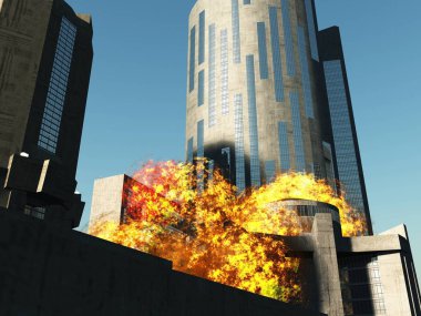 Şehir 3d render patlayan bomba