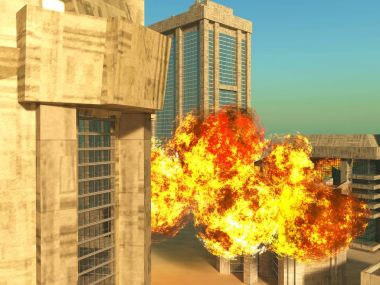 Şehir 3d render patlayan bomba