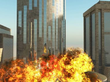 Şehir 3d render patlayan bomba