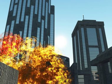 Şehir 3d render patlayan bomba