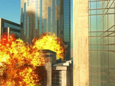 Şehir 3d render patlayan bomba