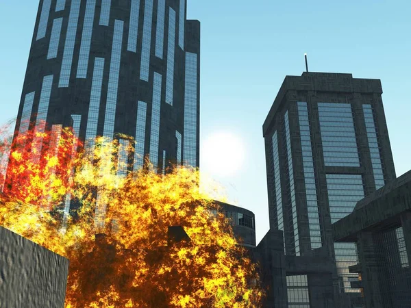 Wybuch bomby w renderingu 3d miasta — Zdjęcie stockowe