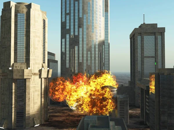 Şehir 3d render patlayan bomba