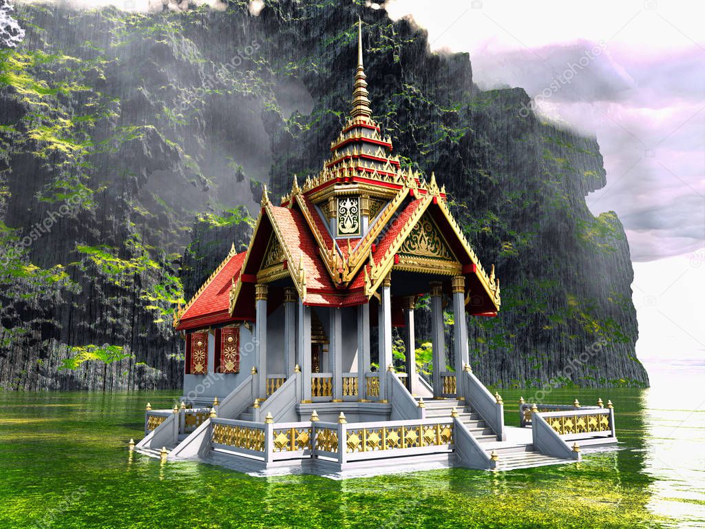 Buddhist temple in mountains 3d rendering