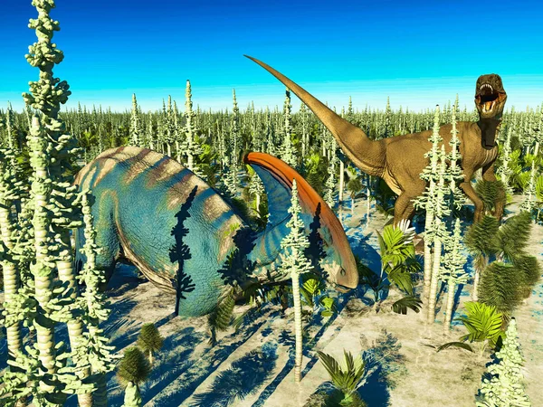 Велоцираптор и динозавры-паразавры 3d рендеринг — стоковое фото