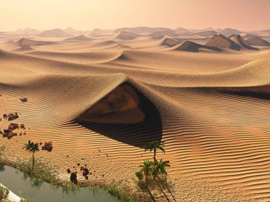 Küresel ısınma kavramı. Yalnız kum sırtlar dramatik akşam gün batımına gökyüzüne kuraklık altında sahne 3d render çöl