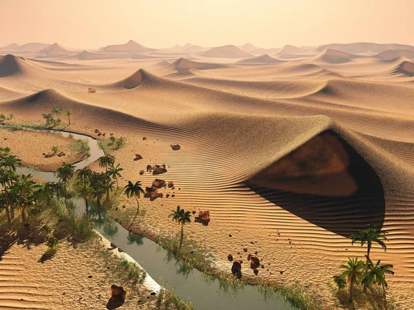 Concept de réchauffement climatique. dunes de sable solitaires sous le coucher du soleil impressionnant du soir ciel à la sécheresse paysage du désert rendu 3d — Photo