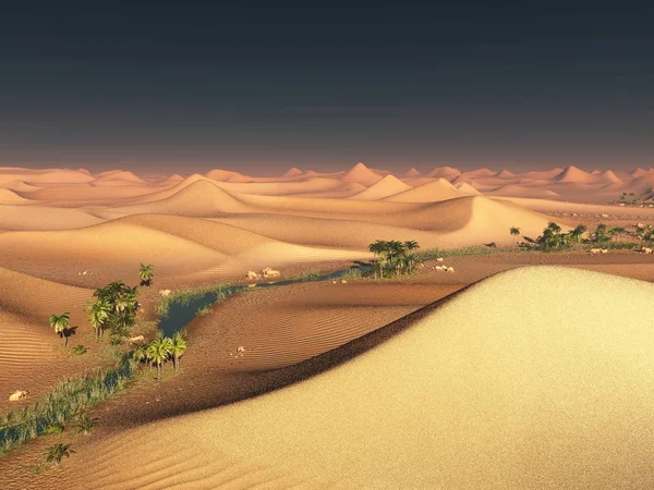 世界規模の地球温暖化アイデア。干ばつで印象的な夕方夕焼け空の下で砂隆起部分孤独な砂漠の風景 3 d レンダリング — ストック写真