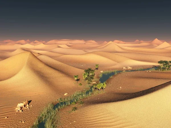 Globális hőmérséklet módosítsa ötlet. magányos homok gerincek alatt drámai este napnyugtakor ég a szárazság sivatagi táj 3d-leképezés — Stock Fotó